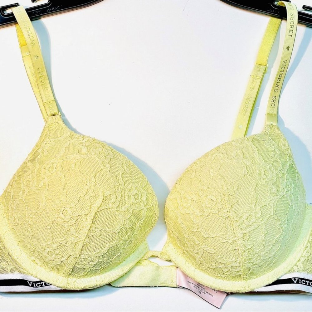 Retro Victoria's Secret Multiway Push Up Bra Neon Yellow Lace Logo Strap 34B